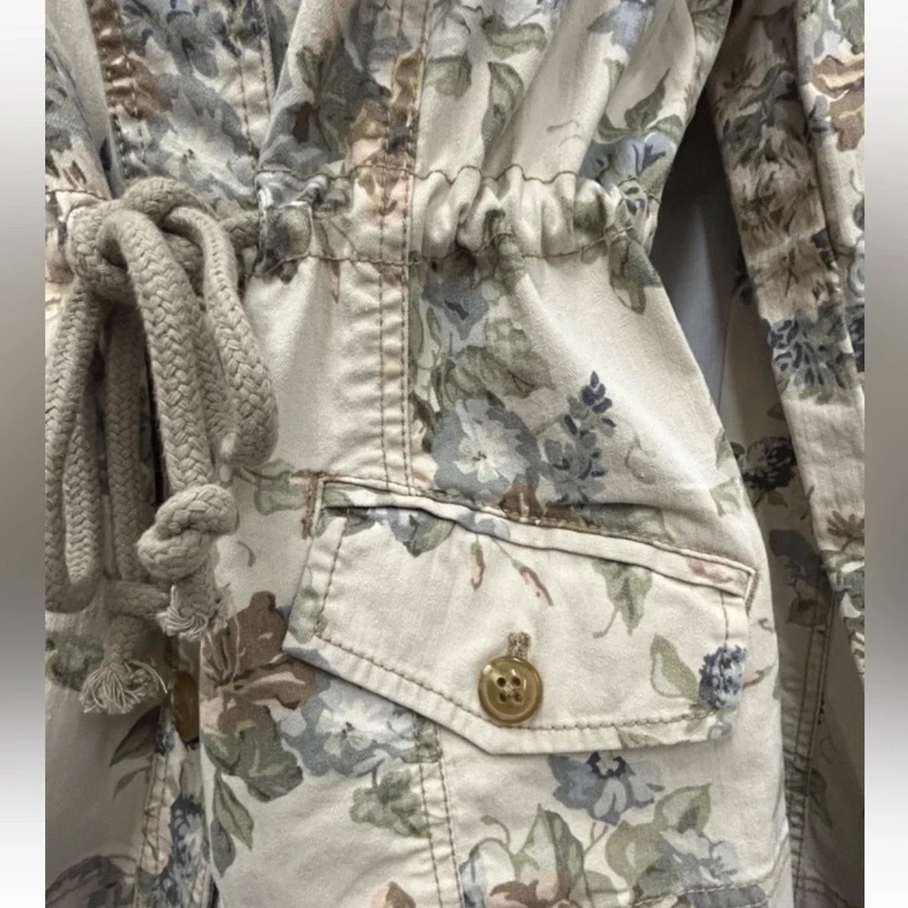 Anthropologie Jacket Women 12 Blue Cream Floral Canvas Coastal Capsule Brunch